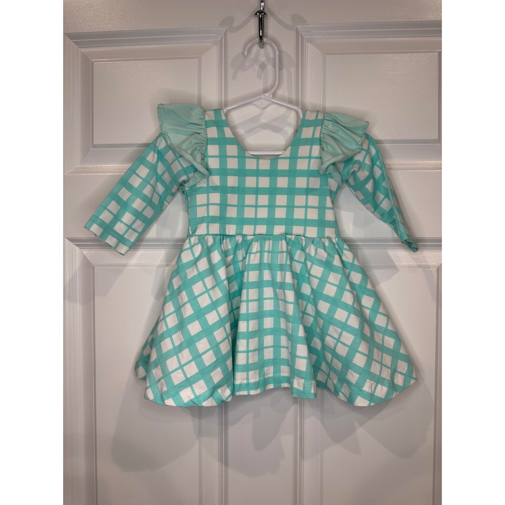 Monica and Andy Turquoise White Gingham Plaid Ruffle‎ Dress Size 12-18 Months